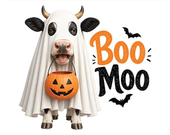 Boo Moo Halloween Cow PNG, Ghost Costume Cow Trick Or Treat Design, Funny Spooky Season Shirt Graphic, Digital Download