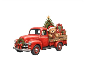 Kids Christmas Truck PNG, Red Vintage Toy Truck Santa Bear Holiday Design, Children Sublimation Shirt Graphic, Digital Download