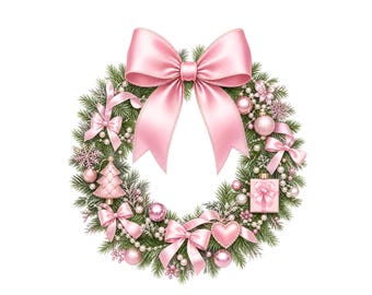 Pink Christmas Wreath PNG, Coquette Bow Greenery Holiday Design, Girly Sublimation Shirt Graphic, Digital Download