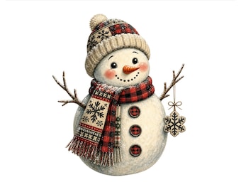 Vintage Snowman PNG, Buffalo Plaid Scarf Hat Winter Design, Retro Holiday Sublimation Shirt Graphic, Digital Download