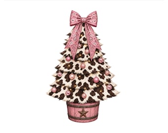 Cow Print Christmas Tree PNG, Pink Bow Western Holiday Design, Preppy Cowhide Sublimation Shirt Graphic, Digital Download