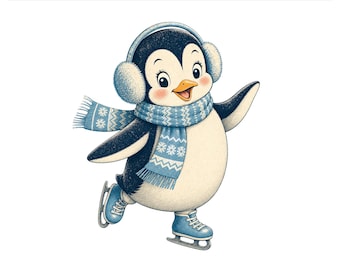 Retro Penguin PNG, Ice Skating Winter Patterned Scarf Design, Cute Holiday Sublimation Shirt Graphic, Digital Download