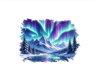 Northern Lights PNG, Aurora Borealis Snowy Mountain Winter Scene Design, Winter Sublimation Shirt Graphic, Digital Download