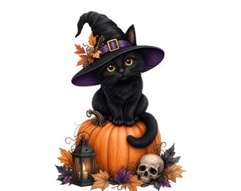 Fall Black Cat PNG, Witch Hat Pumpkin Halloween Cat Sublimation Design, Spooky Season Shirt Graphic, Digital Download