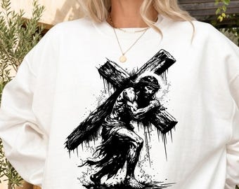 Jesus Carrying Cross PNG, Christian Clipart Religious Graphics, Vintage Halftone Design, Easter Good Friday Art, Digital Download SVG