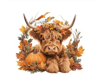 Fall Highland Cow PNG, Fluffy Cow Pumpkin Autumn Wreath Design, Harvest Sublimation Shirt Graphic, Digital Download