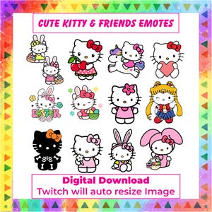 May include: A collection of cute cartoon kitty emotes in various poses, including holding hearts, cherries, and Easter baskets. The text "CUTE KITTY & FRIENDS EMOTES" and "Digital Download" are displayed.
