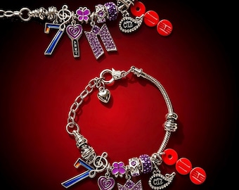 Kpop Purple Star Charm Bracelet, Silver Link Chain Bracelet with Heart Clover and Microphone Pendant, Fan Club Concert Jewelry