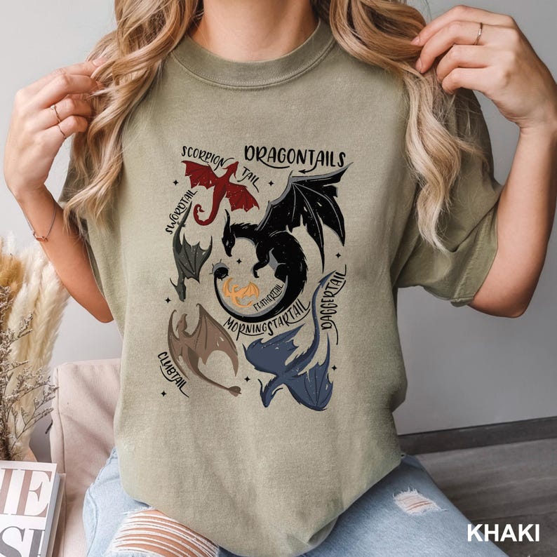 以下が含まれることがあります： カーキ色のTシャツ。赤、黒、青のドラゴンテールグラフィックが特徴です。「DRAGONTAILS」の文字と、さまざまなドラゴンテールのイラストが描かれています。「SCORPION TAIL」、「SWORDTAIL」、「CLUBTAIL」、「MORNINGSTARTAIL」、「DAGGERTAIL」の文字も含まれています。