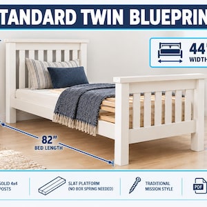 May include: A white twin bed frame with a slatted headboard and footboard. The blueprint graphic displays dimensions: 48-inch headboard height, 28-inch footboard height, 44-inch width, and 82-inch length. Features include solid 4x4 posts and a slat platform.