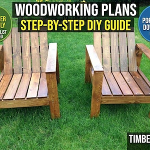 May include: Two wooden Adirondack chairs with a natural finish are displayed on a grassy lawn. The chairs are constructed from wooden planks and have armrests. Text on the image reads "Woodworking Plans" and "Step-by-Step DIY Guide".