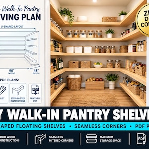 Może przedstawiać: Plan regałów do spiżarni typu walk-in z półkami w kształcie litery U i bezszwowymi narożnikami. Schemat pokazuje 183 cm wysokości, 244 cm szerokości i 122 cm głębokości. Zawiera szczegółowe plany, listy cięć i instrukcje krok po kroku.