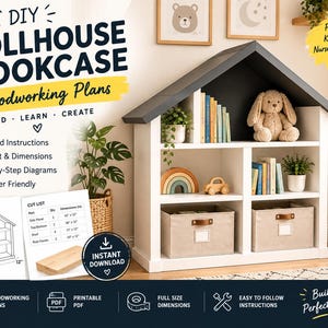 Baupläne für ein Puppenhaus-Bücherregal (PDF) | Bauanleitung für ein Bücherregal in Puppenhausform für Kinder | Anleitung für ein Aufbewahrungsfach für Spielzeug im Kinderzimmer | Sofort-Download