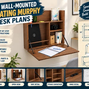 May include: A wall-mounted floating Murphy desk with a dark wood finish, featuring a fold-down work surface, internal storage shelves, and black metal support hinges. The image includes text labels, a technical diagram with 32-inch by 24-inch dimensions, and smaller inset photos showing the desk in closed and open positions, hinge details, and printable plan documents.