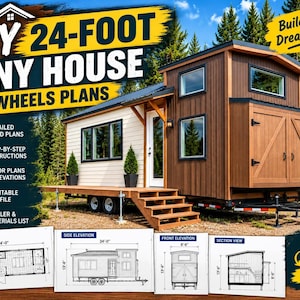 May include: A digital document set for a 24-foot tiny house on wheels, featuring architectural floor plans, side and front elevations, and a section view. The design includes a brown and white exterior, a wooden deck, and stairs.