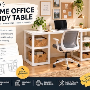 Bauplan für einen modernen Computertisch (PDF) | Minimalistischer Schreibtisch mit offenen Regalen | Anleitung für einen Schreibtisch im Homeoffice | Download
