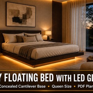 May include: A dark wood floating bed frame with a concealed cantilever base and integrated warm LED under-glow lighting. The bed is dressed in neutral-toned bedding and includes a text overlay reading DIY FLOATING BED WITH LED GLOW.