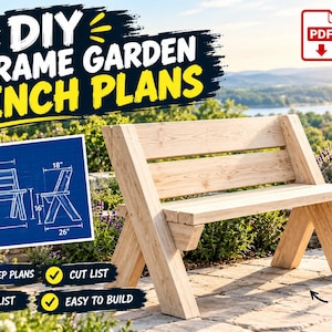 Puede incluir: Un banco de jardín de madera en forma de A con respaldo y asiento de listones. Un diagrama azul muestra dimensiones de 122 cm de ancho, 76 cm de alto, 46 cm de profundidad y 41 cm de altura de asiento. Texto: DIY A-FRAME GARDEN BENCH PLANS.