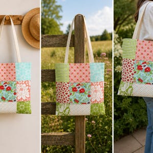Könnte beinhalten: Eine Patchwork-Tragetasche mit cremefarbenen Henkeln. Die Tasche hat ein farbenfrohes Design mit Quadraten aus floralen und geometrischen Mustern in Rosa-, Grün- und Blautönen. Die Tasche wird an einem Holzgestell aufgehängt und von einer Person getragen.