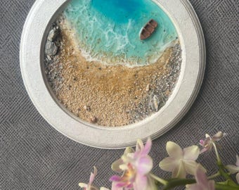 Piccola scultura murale 3D con barca, scultura murale piccola, arte in resina rotonda a tema oceano, paesaggio marino costiero in miniatura, decorazione per la casa con effetto spiaggia testurizzata