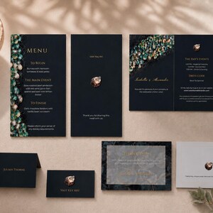 Handmade Shell Wedding Bundle, DIY Printable Wedding Invite, Editable Menu & Place Cards, Elegant Moody Event Stationery.