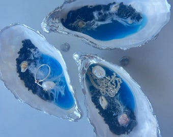 Set di 3 ciotole portagioie a forma di conchiglia di ostrica, ciotola portagioie in resina con pietre vulcaniche, regalo di nozze a tema marino, decorazione a tema sirena.