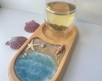 Organizer da comodino diviso in stile costiero, vassoio in legno Zen Beach Escape, regalo unico per la festa della mamma, targhetta personalizzata a tema marino, decorazione artigianale con conchiglie.