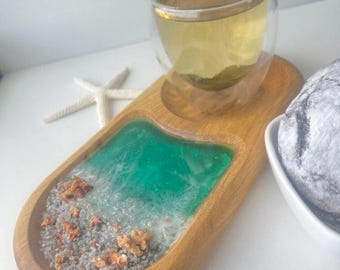 Posavasos de resina y madera con diseño oceánico - Bandeja grande para té con diseño de mar esmeralda - Decoración estética para escritorio - Regalo de inauguración de casa