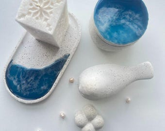 Set di 5 organizer da scrivania in resina blu e pietra bianca, set di gioielli per camera da letto, ciotola portagioie a forma di uccello, vassoio a forma di onda marina, idea regalo per la casa in stile scandinavo.