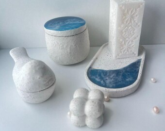 Ocean Gift Set: Concrete Resin Wave Tray, Bird Jewelry Box, Lidded Pot, Traditional Ukrainian Ornament Candle, Coastal Home Decor Bundle