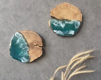 Set di 2 decorazioni murali in resina a forma di fetta di quercia con effetto oceano.