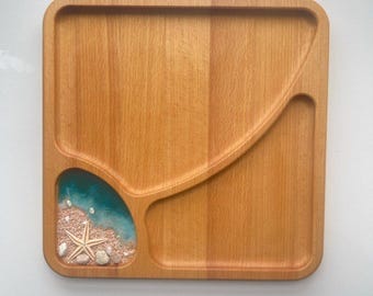 Vassoio quadrato a 3 scomparti per frutta secca con stelle marine vere - Vassoio per antipasti da 28 cm in stile costiero - Regalo per l'inaugurazione di una casa al mare