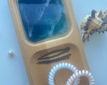 Portagioie in resina effetto legno con motivo oceano, vassoio portaoggetti a onde, organizer costiero