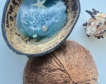 Set di 2 portagioie in conchiglia di cocco - Ciotola portagioie in resina a tema spiaggia, decorazione costiera, regalo di compleanno per lei, organizer per gioielli in conchiglia