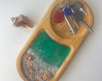 Vassoio portaoggetti in resina effetto legno marino, portagioie a tema oceano e costa, portachiavi, decorazione per casa al mare
