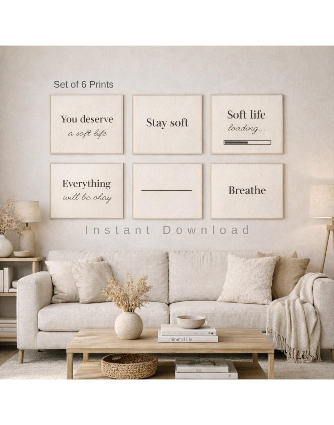 Set of 6 Soft Life Prints, Minimalist Neutral Quote Art (digital ...