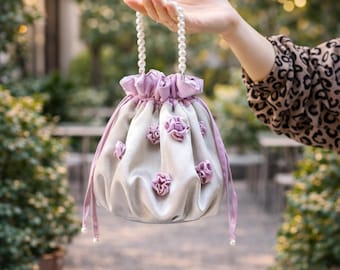 Satin Drawstring Handbag, Pearl Handle Evening Bag, Handmade Flower Purse, Elegant Wedding Guest Bag, Bridesmaid gift, Gift for Her