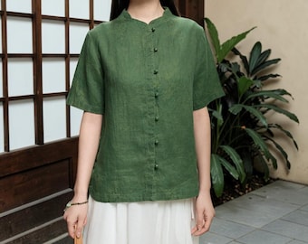 Handmade Sage Green Linen Button Top, Mandarin Collar Pattern, 100 Linen, Women Linen Top, Kimono Top, Natural Fabric, Button-Up Shirt