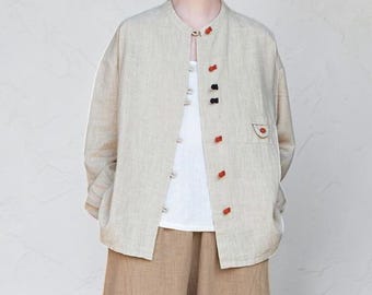 Ramie Cotton Button-Up Blouse, Minimalist Linen Jacket, Handmade Boho Style