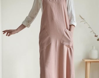 ポケット付きクロスバックエプロン（日本製）、リネン製、ポケット付きレディースエプロン、エプロンポケット、エプロン、Sサイズからプラスサイズまで対応