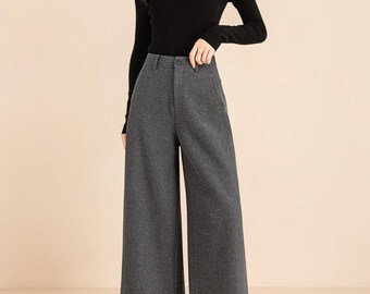 グレーのウール混ハイウエストワイドレッグクロップドパンツ、トラウザー、ワイドレッグパンツ、レディースパンツ、ウールトラウザー、ボヘミアン