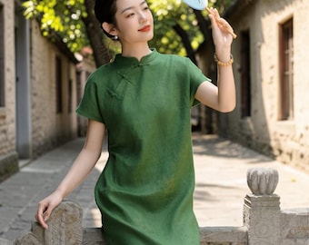 Qipao Dress Sage Green Linen Dress, Qipao, Sage Green Prints, Maxi Dress Pattern, Cheongsam, Boho, 100 Percent Linen Dress