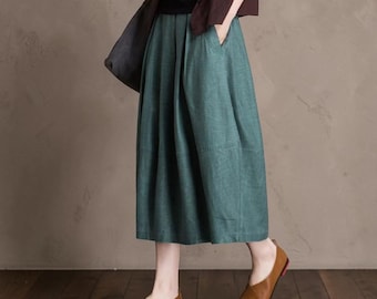 リネンコットンプリーツミディスカート、Aラインミディリネンスカート、グリーンミディスカート柄、リネン、コットン、ロングプリーツスカート