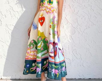 Art Print Linen Maxi Dress, Linen Dress, Maxi Dress for Women, Maxi Dress Patterns, Whimsical Art, Boho, Elegant, Summer