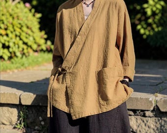 Handmade Linen Wrap Top, Kimono Style Blouse, Boho Minimalist Clothing