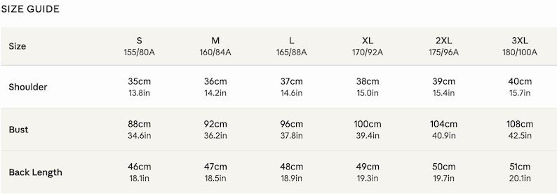 May include: A size guide table with measurements in centimeters and inches. The table includes sizes S to 3XL, with shoulder measurements ranging from 35cm (13.8in) to 40cm (15.7in), bust measurements from 88cm (34.6in) to 108cm (42.5in), and back lengths from 46cm (18.1in) to 51cm (20.1in).