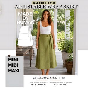 Peut inclure: Une jupe portefeuille vert olive avec une fermeture à nouer sur le côté et une silhouette mi-longue. L'image contient des étiquettes de texte indiquant ADJUSTABLE WRAP SKIRT, MADE BY HUMAN, MINI MIDI MAXI et INCLUSIVE SIZES 0-32, avec un dessin.