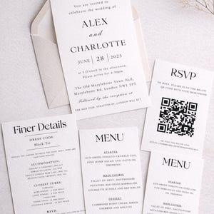 May include: A set of wedding stationery in cream. The invitation card announces the wedding of ALEX and CHARLOTTE on June 28, 2025. Other cards include a menu and RSVP details, with a QR code for easy response.