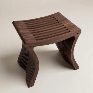 May include: A dark brown wooden stool featuring a curved, slatted seat and two matching curved, slatted side supports. The structure is composed of multiple thin, parallel wood layers, creating a distinct ribbed texture throughout the entire piece.
