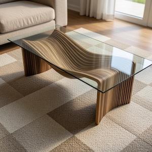 May include: A rectangular coffee table featuring a clear glass top supported by a base constructed from multiple vertical, curved wooden slats in varying light and dark brown tones that create a fluid, wave-like structure beneath the glass surface.